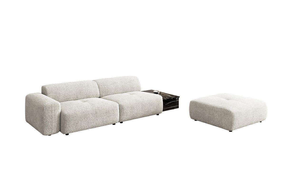 Designerbank Calm 3-zits met bijzetkruk en bijzettafel in Bouclé