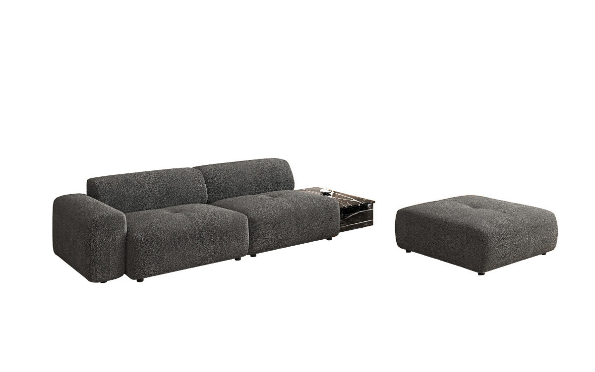 Designerbank Calm 3-zits met bijzetkruk en bijzettafel in Bouclé