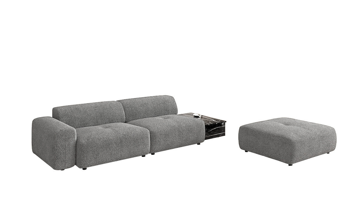 Designerbank Calm 3-zits met bijzetkruk en bijzettafel in Bouclé