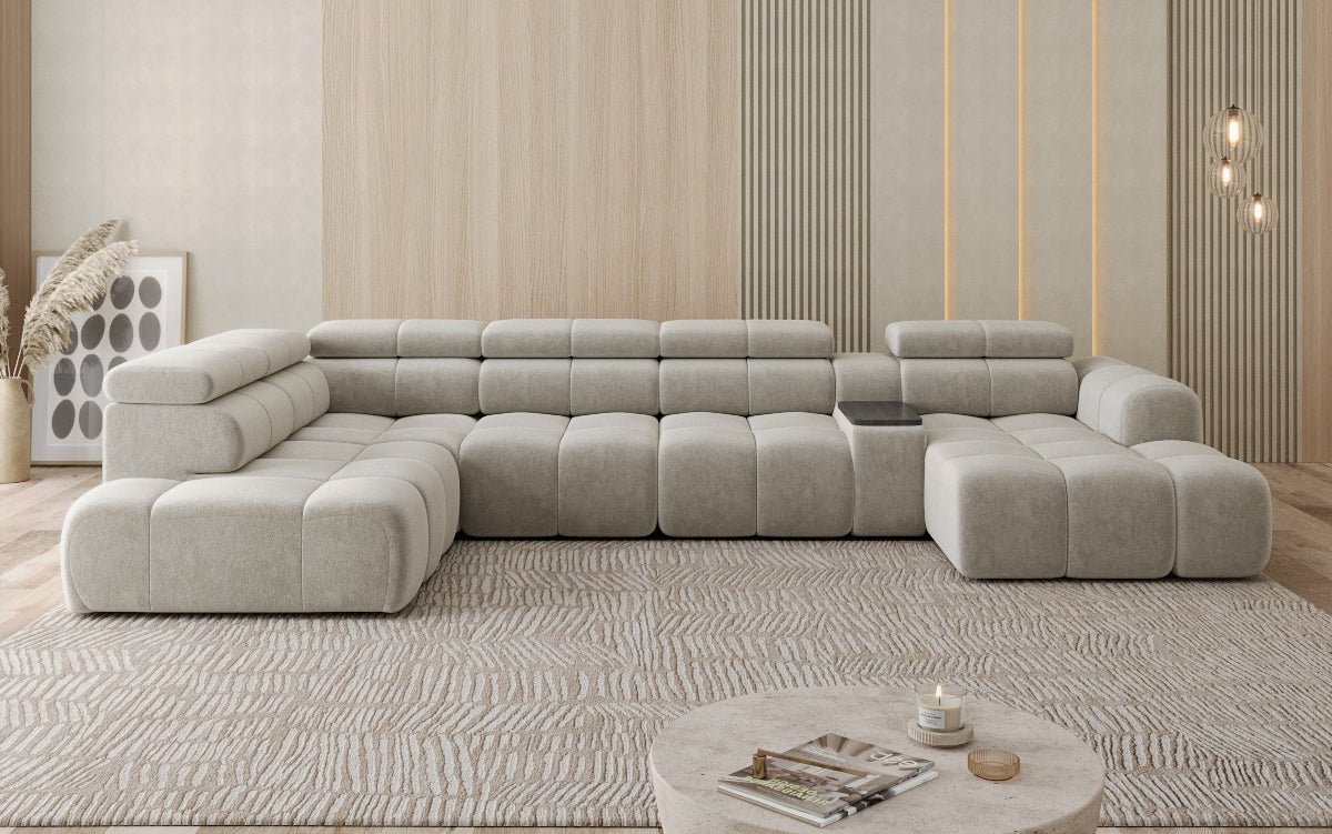 Designer Sofa Wohnlandschaft Mia mit elektrischer Sitzerweiterung in Chenille