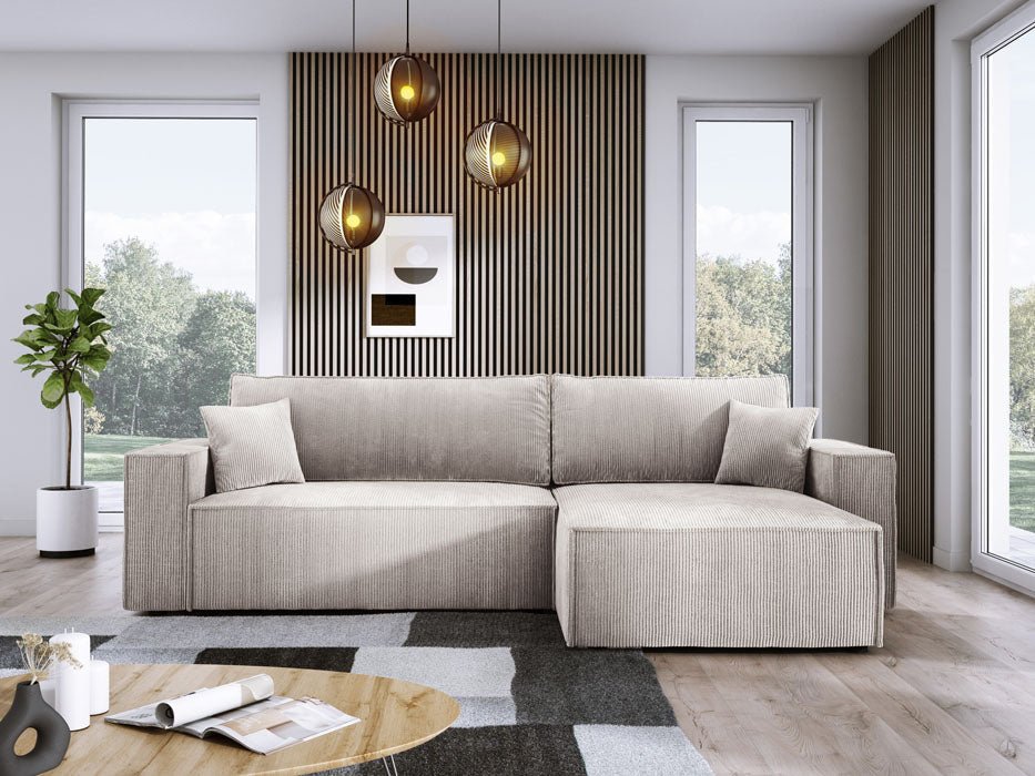 Designer Sofa Velanova mit Schlaffunktion und Stauraum aus Cord