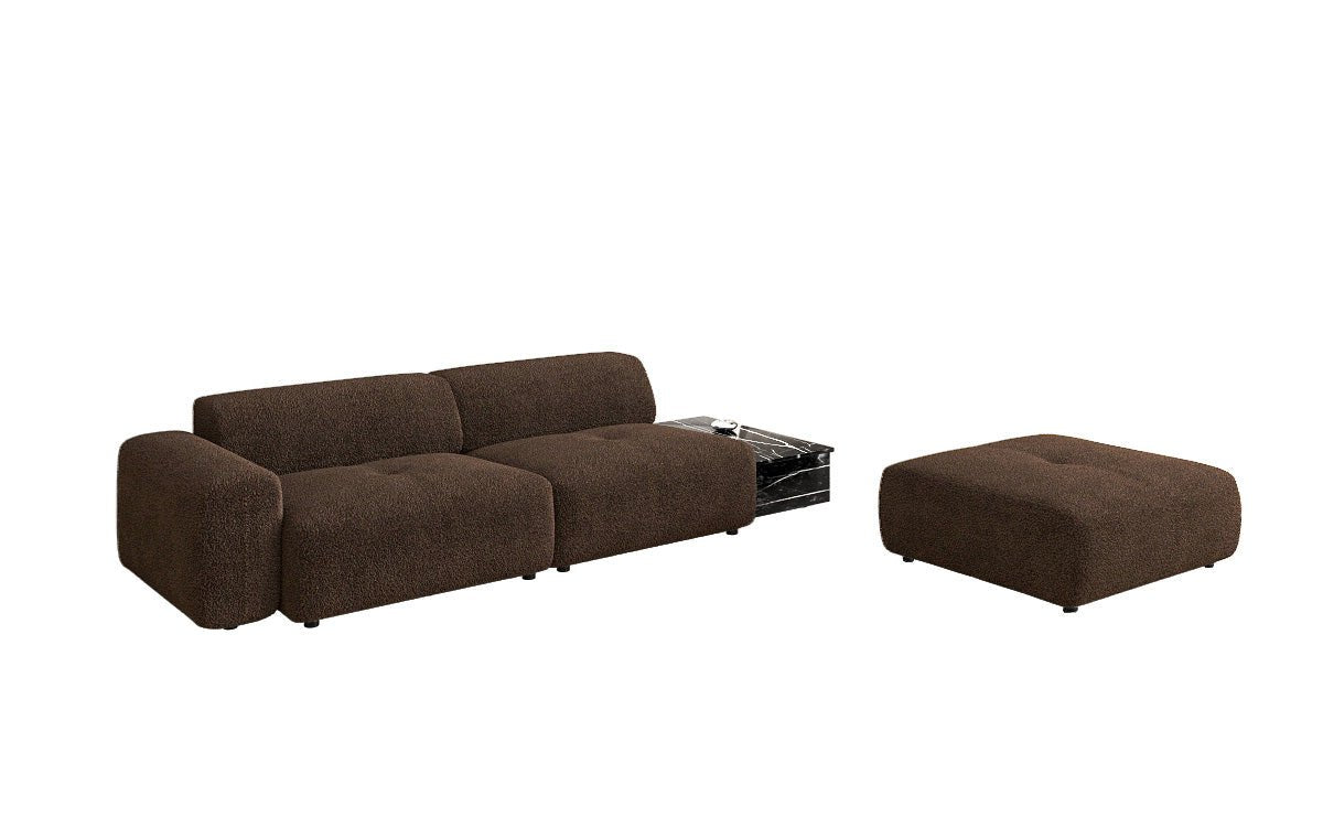 Designerbank Calm 3-zits met bijzetkruk en bijzettafel in Bouclé