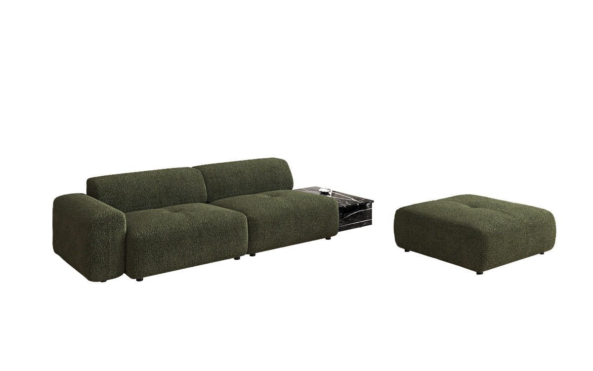 Designerbank Calm 3-zits met bijzetkruk en bijzettafel in Bouclé