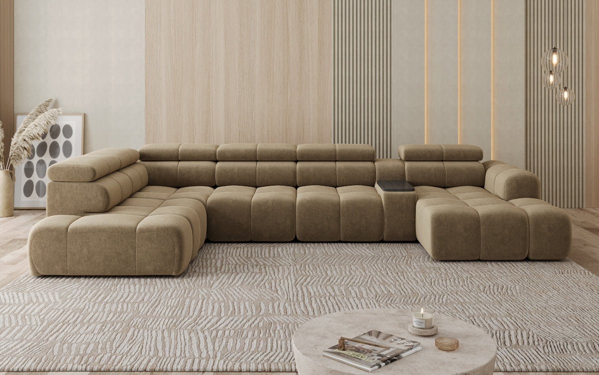 Designer Sofa Wohnlandschaft Mia mit elektrischer Sitzerweiterung in Chenille