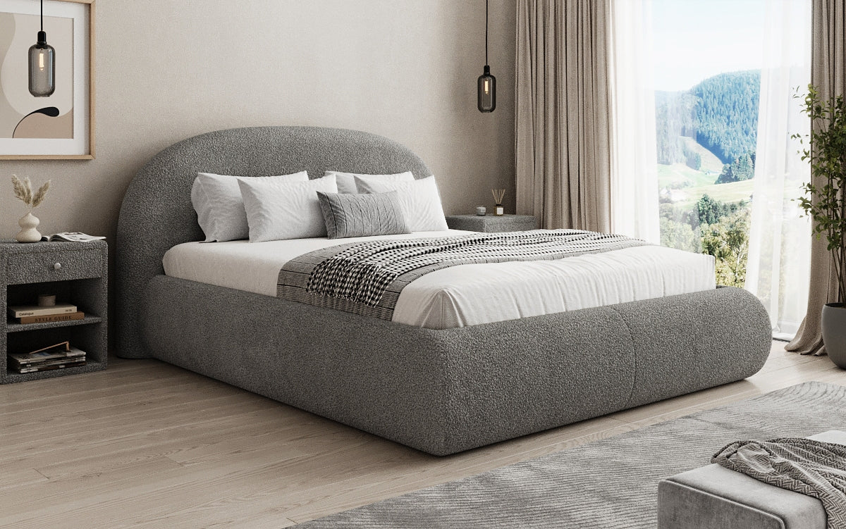 Designer Polsterbett Loop in Teddy Bouclé mit Stauraum