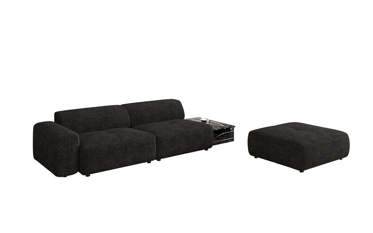 Designerbank Calm 3-zits met bijzetkruk en bijzettafel in Bouclé