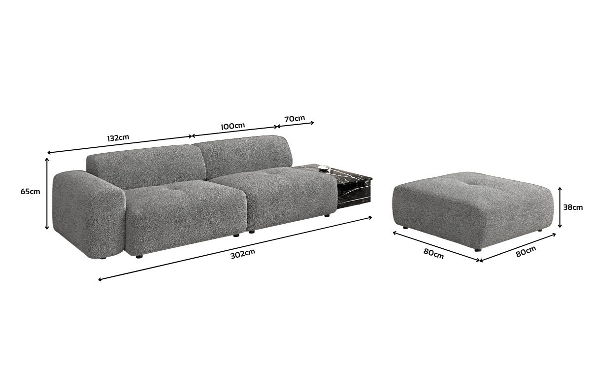 Designerbank Calm 3-zits met bijzetkruk en bijzettafel in Bouclé