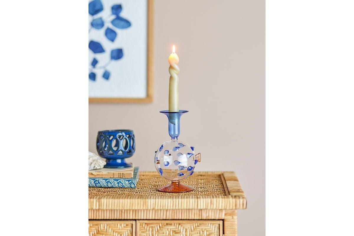 Kerzenhalter Fuad – mundgeblasenes Glas in Blau & Bernstein