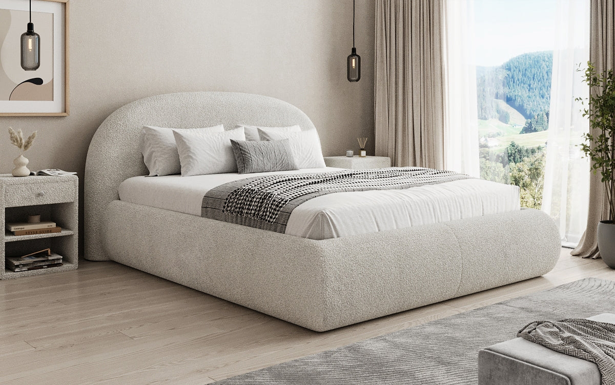 Designer Polsterbett Loop in Teddy Bouclé mit Stauraum