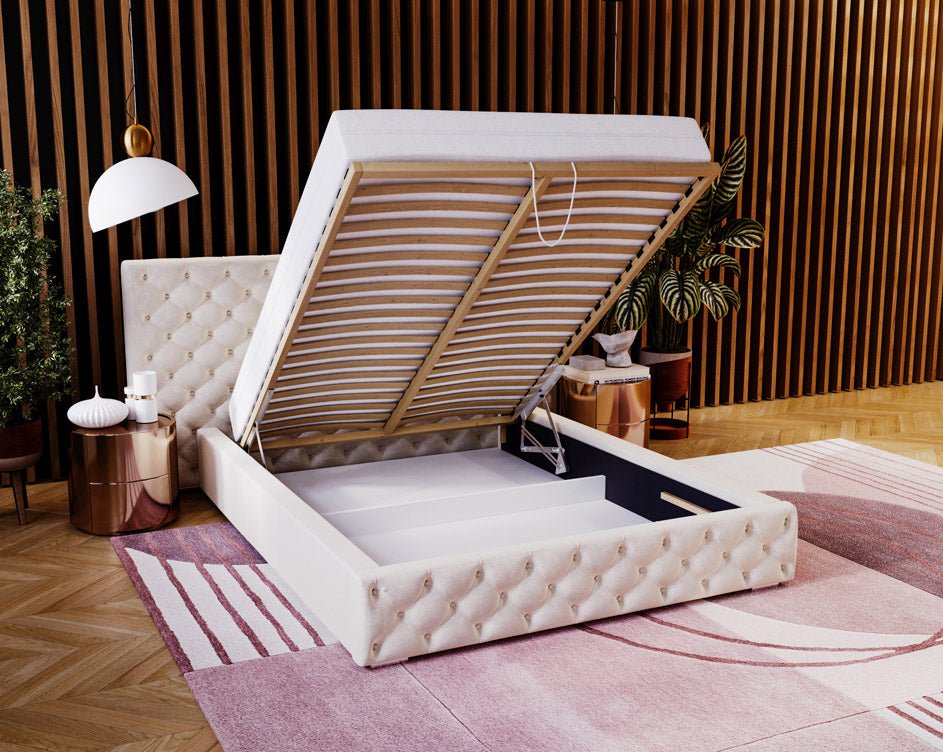 Designer gestoffeerd bed Stellar in fluweel met opbergruimte