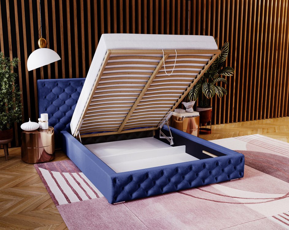 Designer gestoffeerd bed Stellar in fluweel met opbergruimte