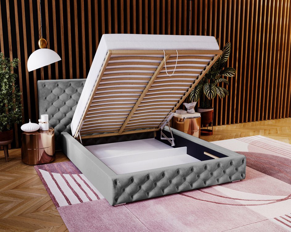 Designer gestoffeerd bed Stellar in fluweel met opbergruimte