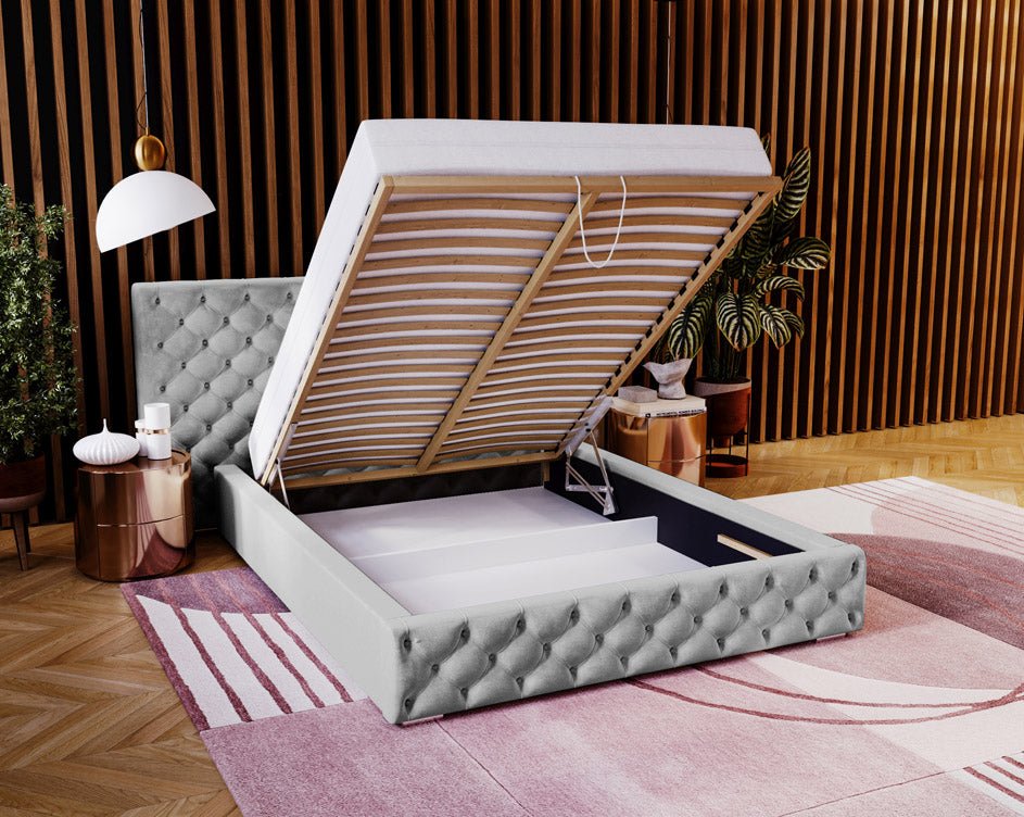 Designer gestoffeerd bed Stellar in fluweel met opbergruimte