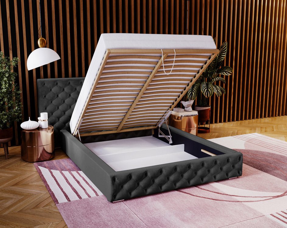Designer gestoffeerd bed Stellar in fluweel met opbergruimte