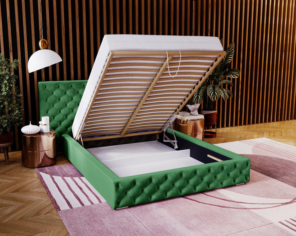 Designer gestoffeerd bed Stellar in fluweel met opbergruimte