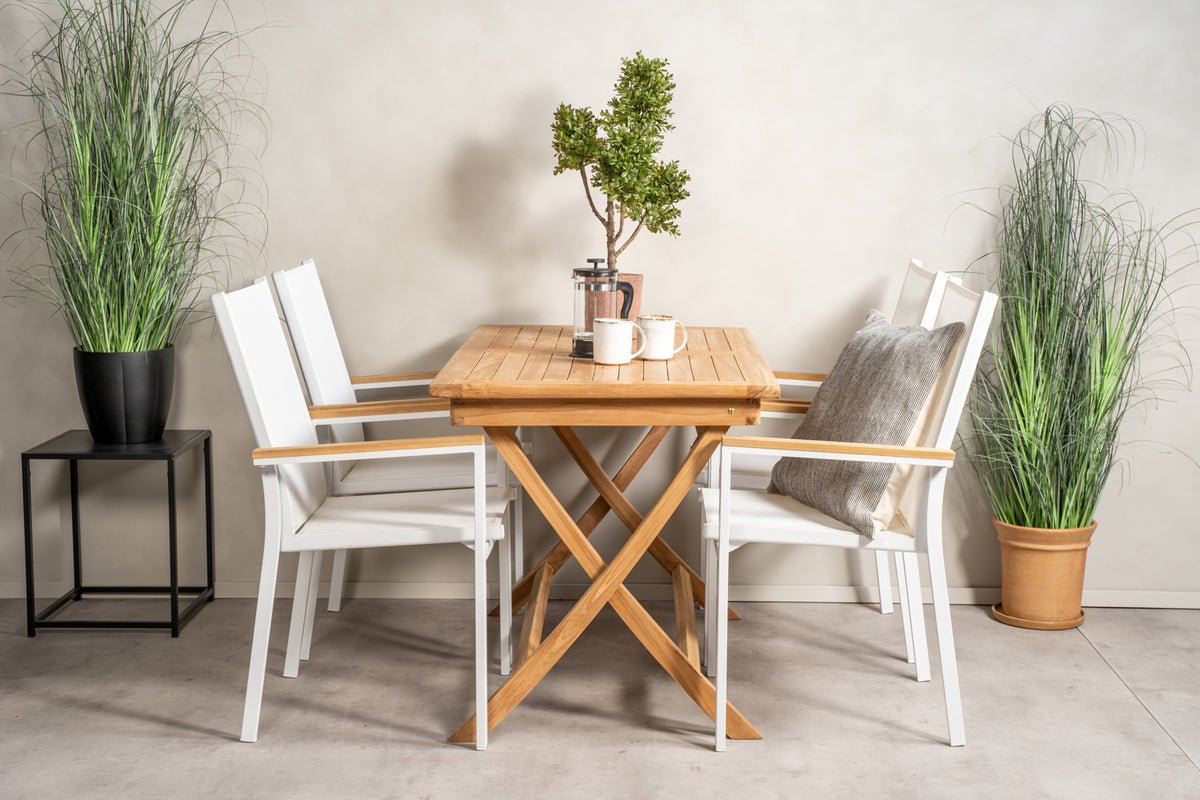 2er Set Gartenstuhl Lua - aus weißem Aluminium, mit Sitzfläche aus Textilene und Teakholz-Details