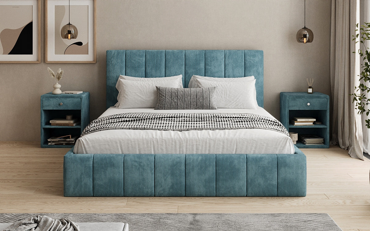 Designer Polsterbett Maja in Cord mit Stauraum