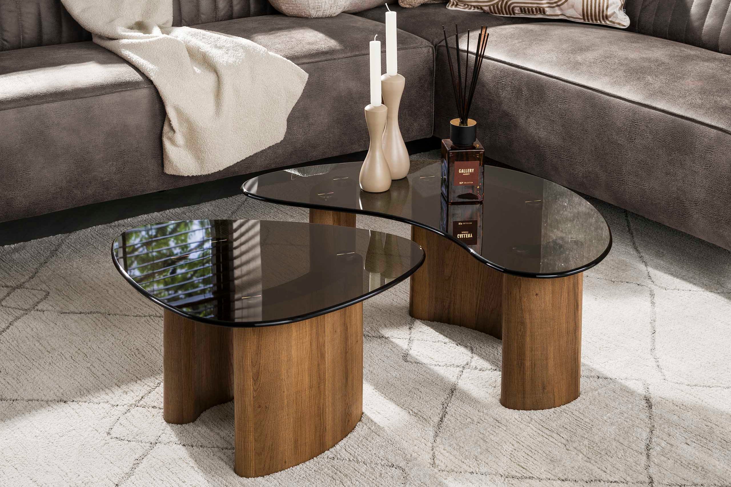 Couchtisch Aurora - 2er Set mit Tischplatte aus Rauchglas und Gestell in Eichenoptik