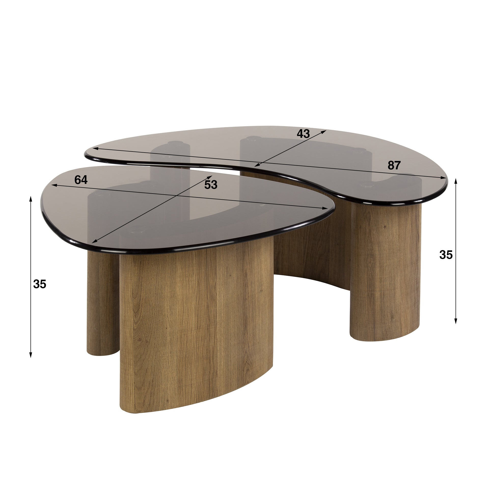 Couchtisch Aurora - 2er Set mit Tischplatte aus Rauchglas und Gestell in Eichenoptik