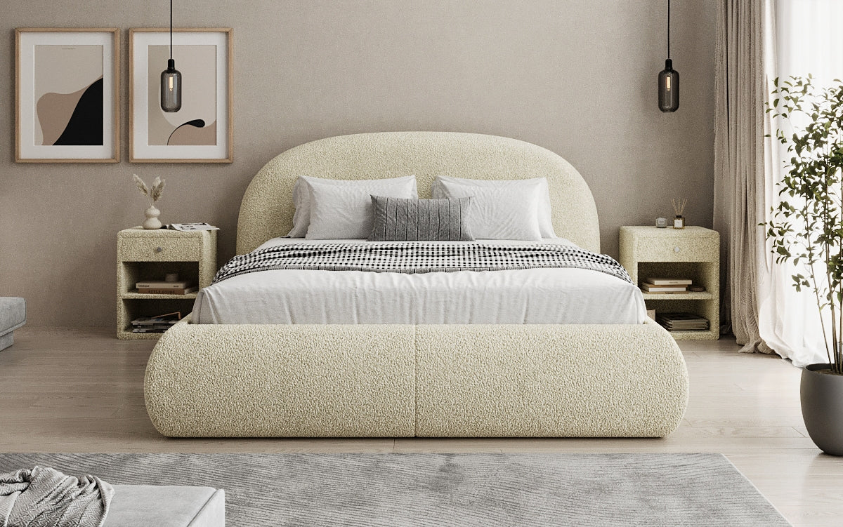 Designer Polsterbett Loop in Teddy Bouclé mit Stauraum