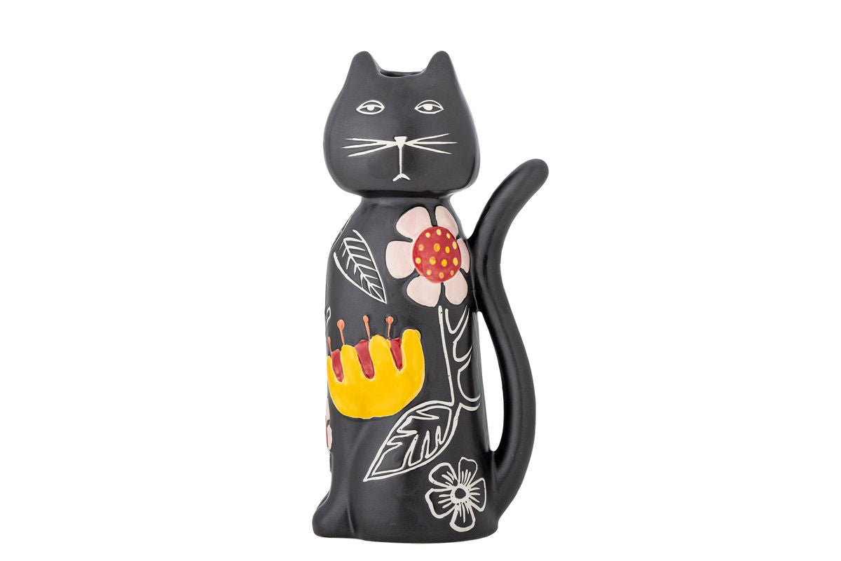 Kerzenhalter Nera – Handbemalte Katzenfigur mit floralen Akzenten