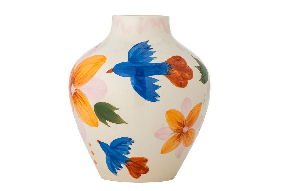 Vase Mariella – handbemalte Steingutvase in Bunt mit Vogelmotiv
