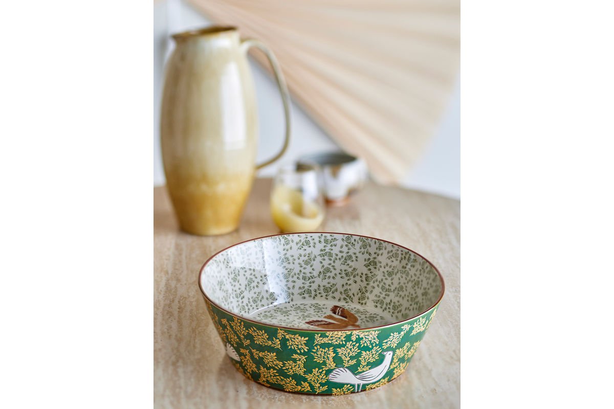 Schale Hania – handbemalte Steingutschale in Grün mit Vogelmotiv