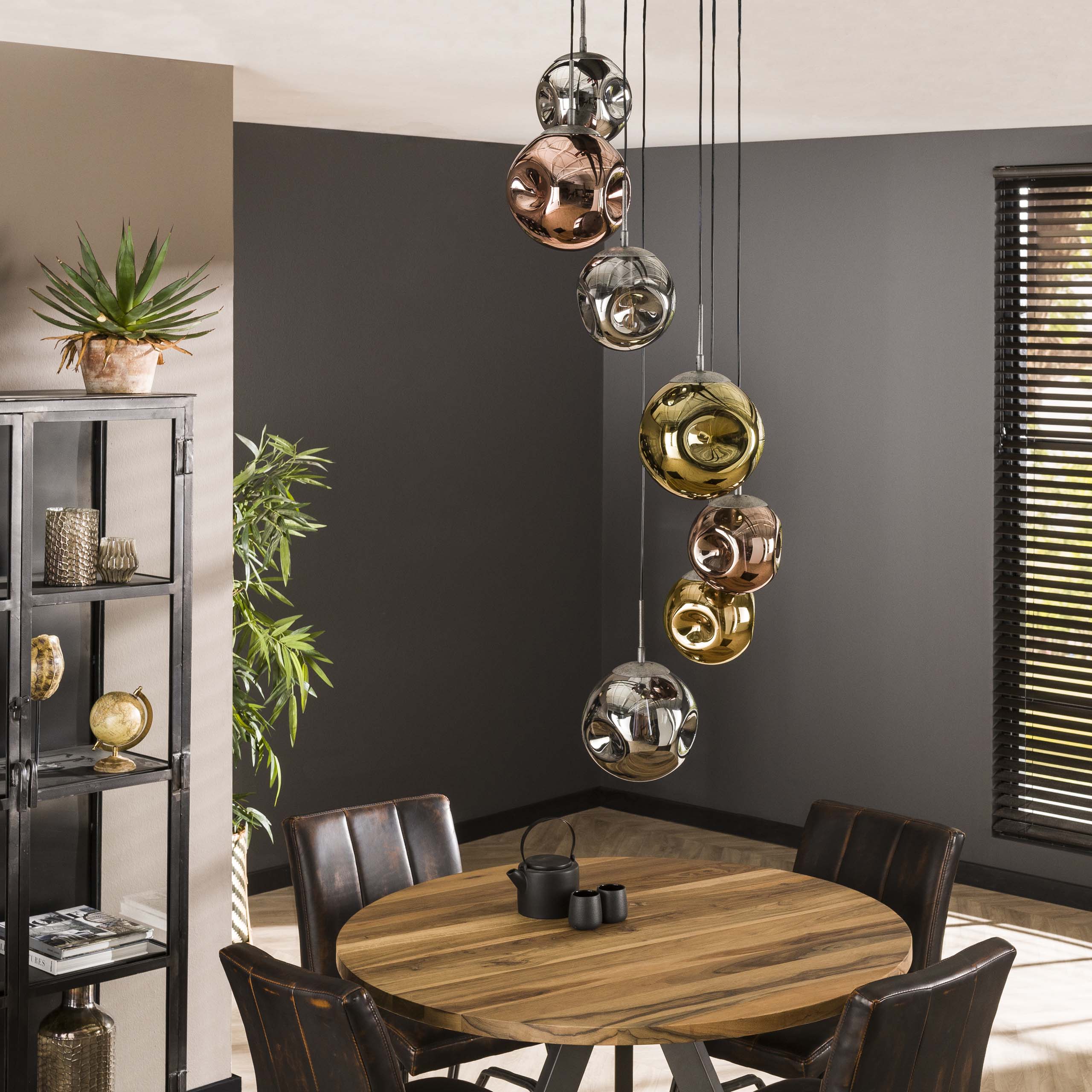 Pendelleuchte „Elaris“ – 7 Leuchten gestuft in der Metall-Farbkombination Gold,Kupfer und Chrom