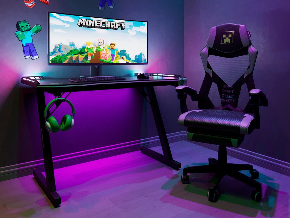 Minecraft Gaming-Stuhl „Creeper“ – mit Beinauflage, Wippmechanik & Höhenverstellung