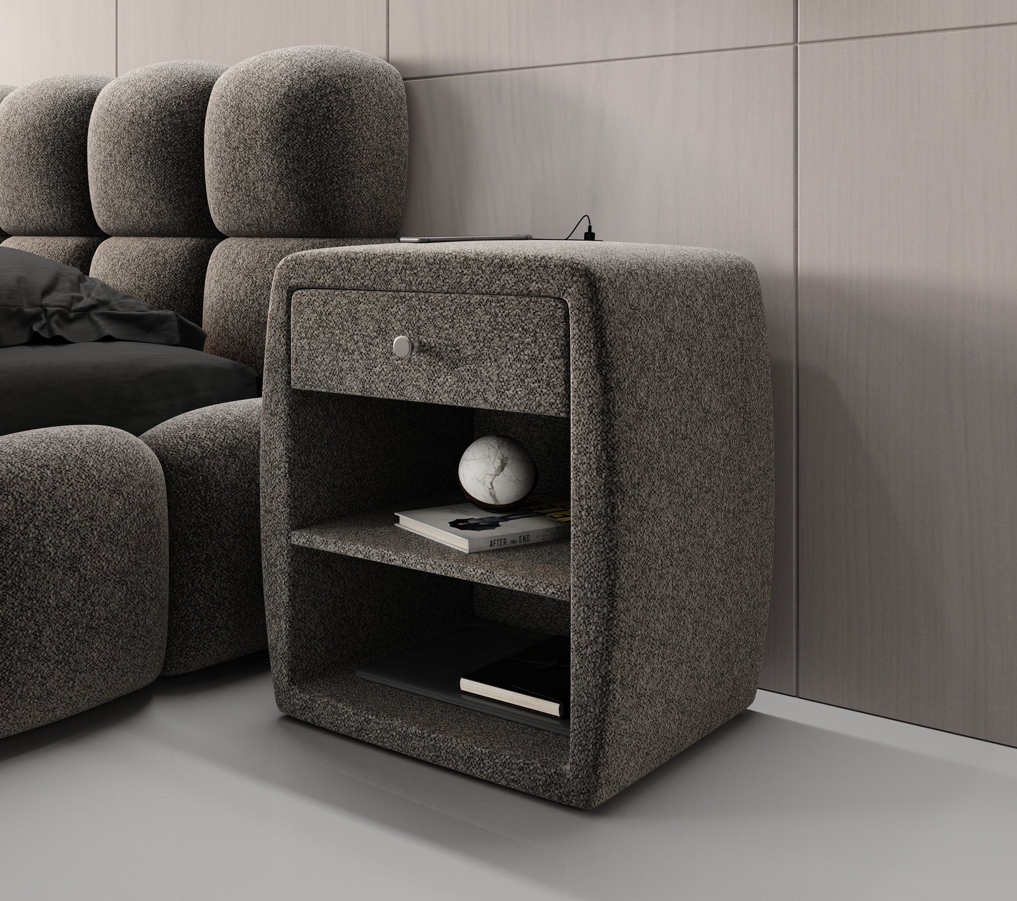 Designer Nachttisch Lilly mit USB Anschluss in Strukturstoff