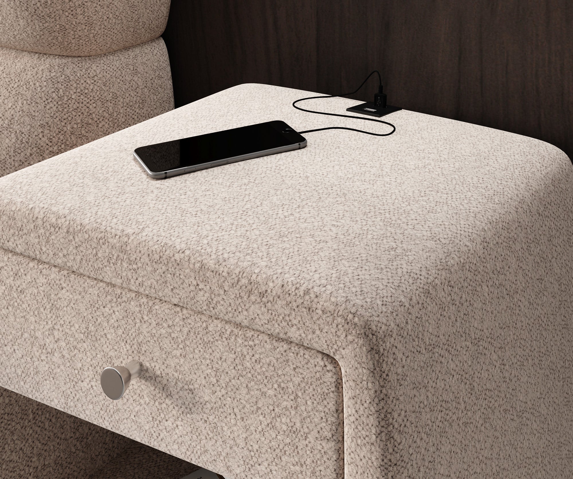 Designer Nachttisch Lilly mit USB Anschluss in Strukturstoff