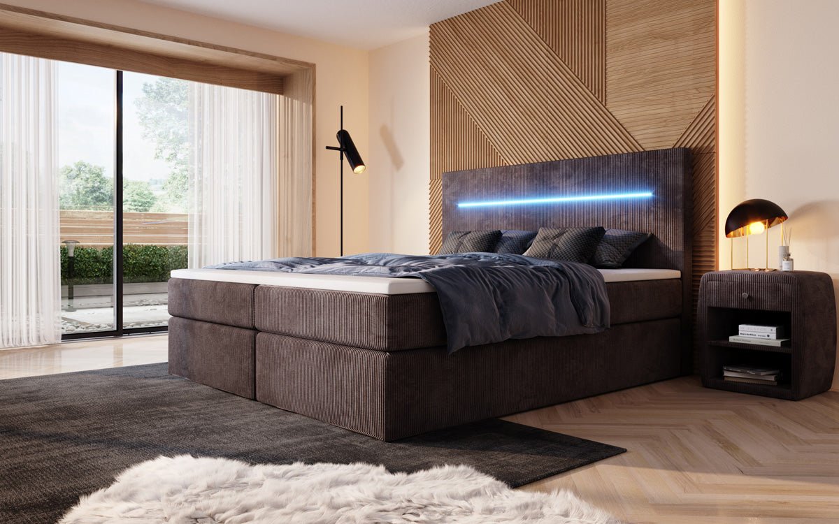 Boxspringbett Sejour mit LED u. Stauraum in Cord