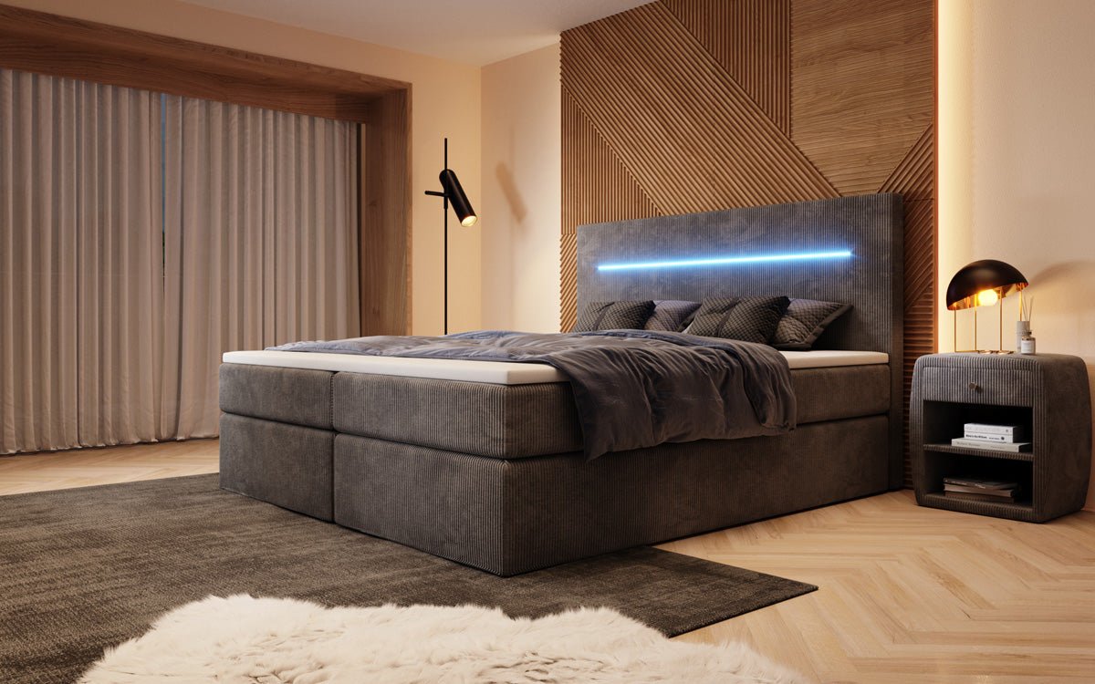 Boxspringbett Sejour mit LED u. Stauraum in Cord