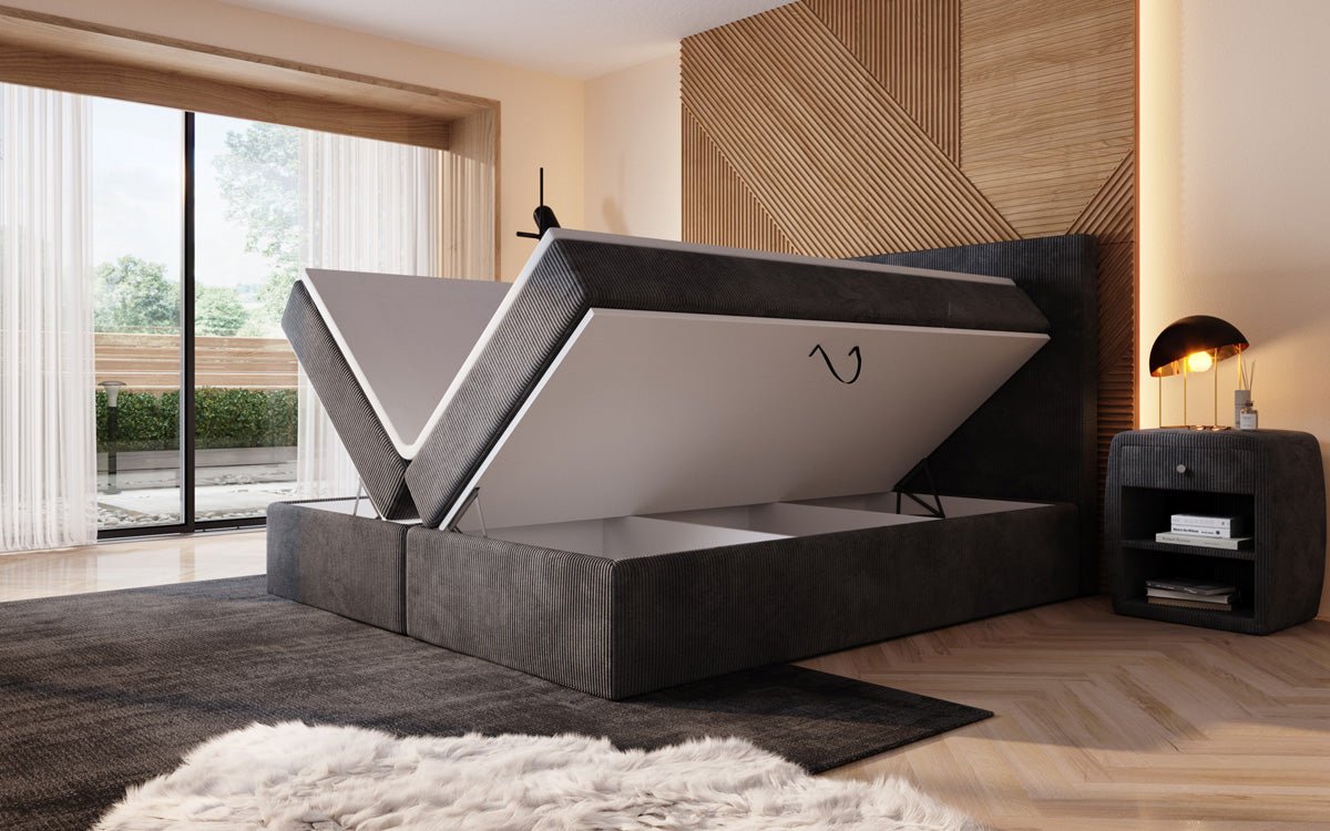 Boxspringbett Sejour mit LED u. Stauraum in Cord