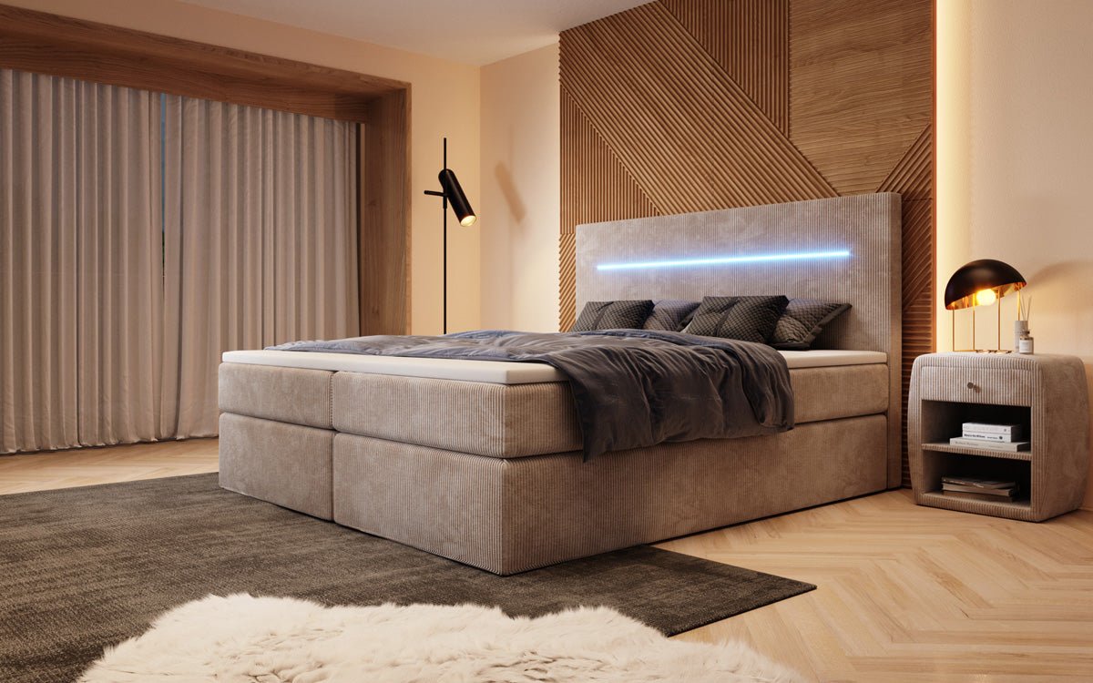 Boxspringbett Sejour mit LED u. Stauraum in Cord