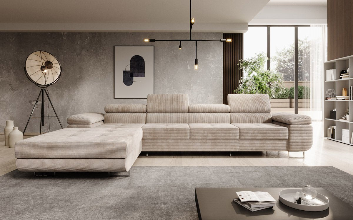 Canapé designer Calvera Maxi avec fonction couchage et rabattable en Côtelé