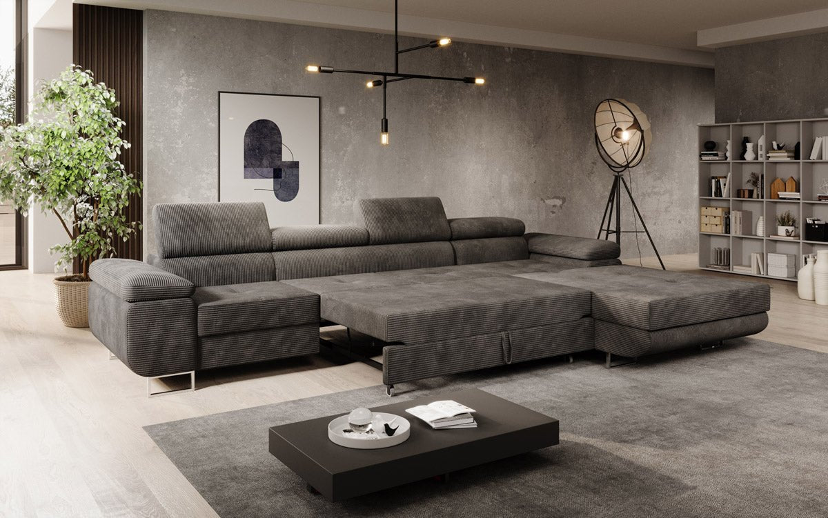 Canapé designer Calvera Maxi avec fonction couchage et rabattable en Côtelé