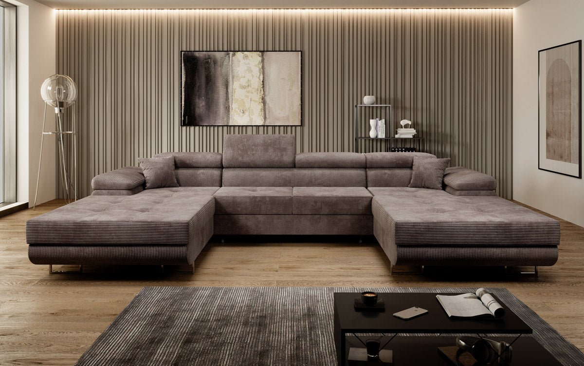 Designer Sofa Calvera U mit Schlaf- und Klappfunktion in Cord