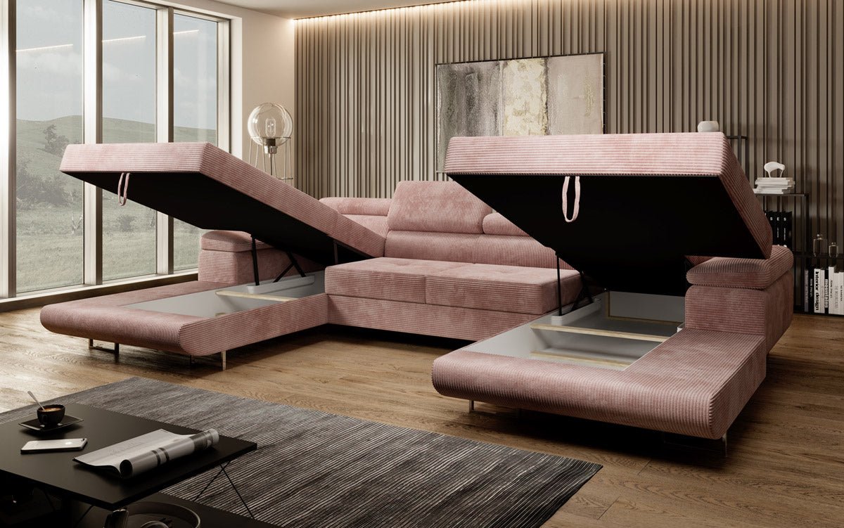 Designer Sofa Calvera U mit Schlaf- und Klappfunktion in Cord