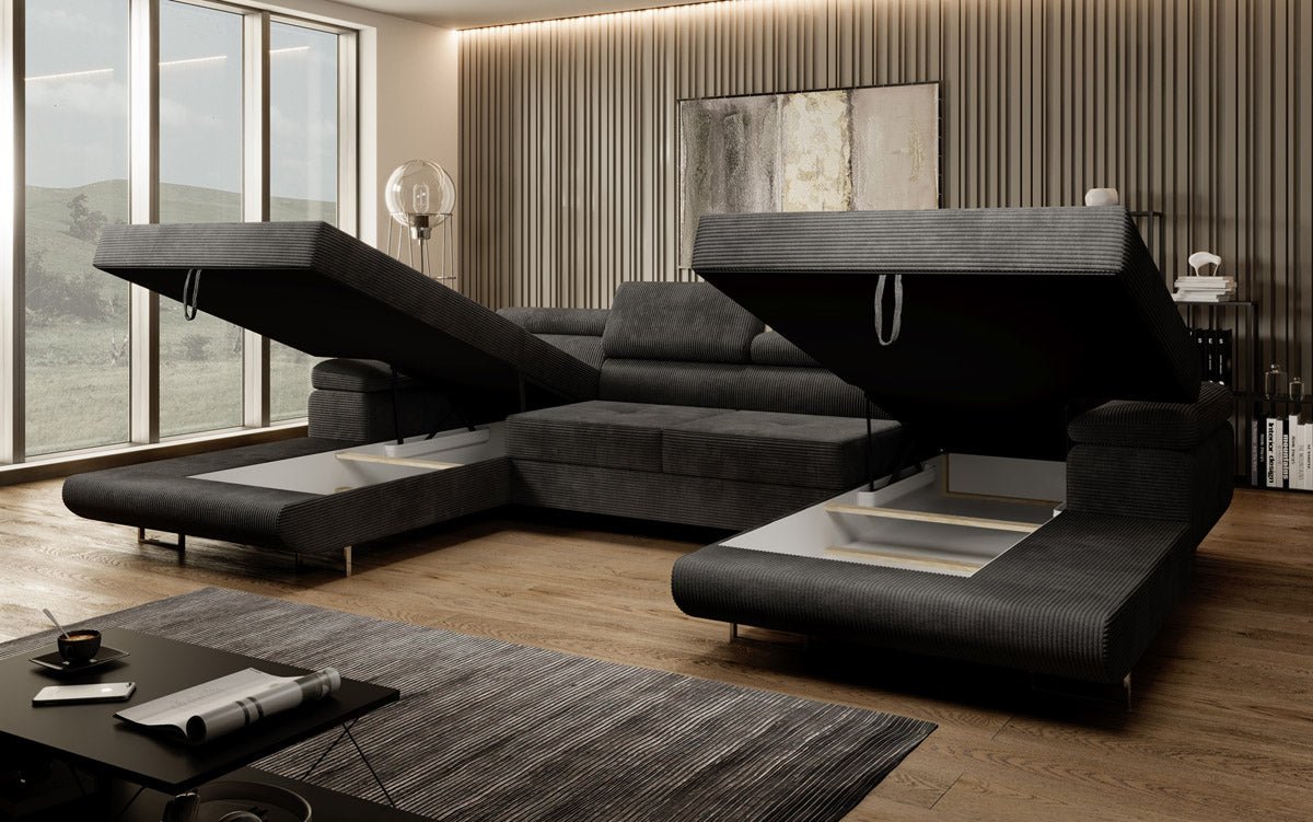 Designer Sofa Calvera U mit Schlaf- und Klappfunktion in Cord