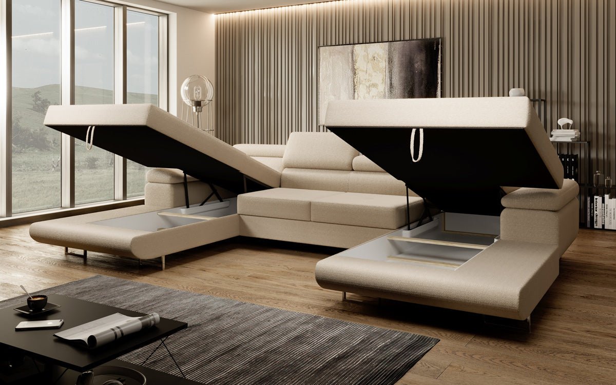 Designer Sofa Calvera U mit Schlaf- und Klappfunktion in Bouclé