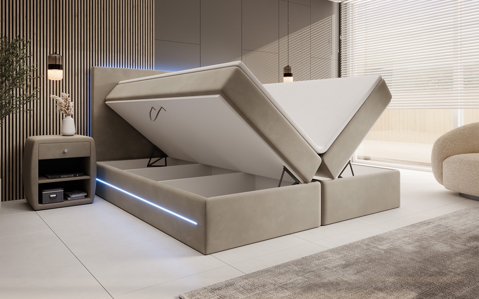 Boxspringbett Voyage mit LED u. Stauraum in Samt