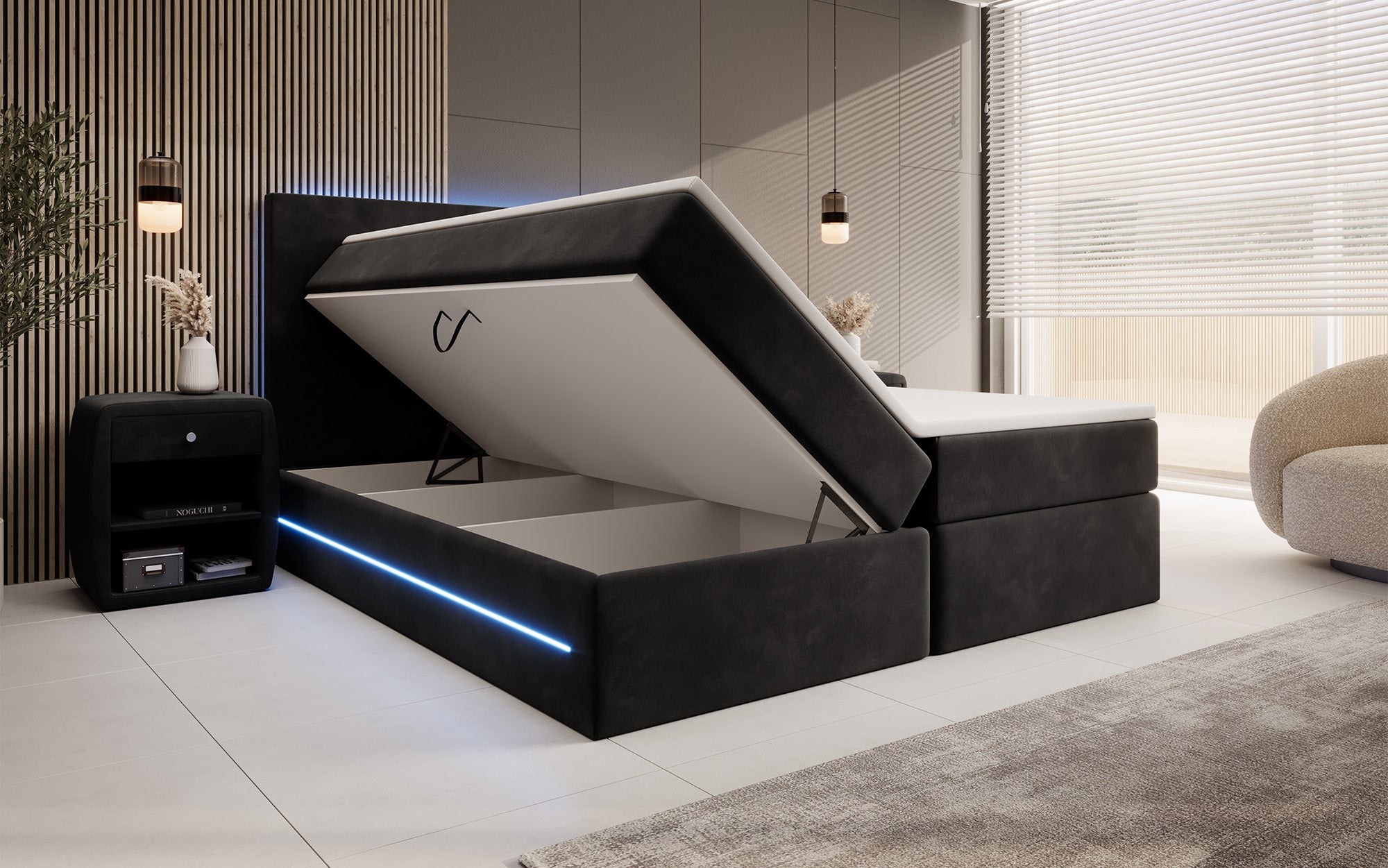 Boxspringbett Voyage mit LED u. Stauraum in Samt