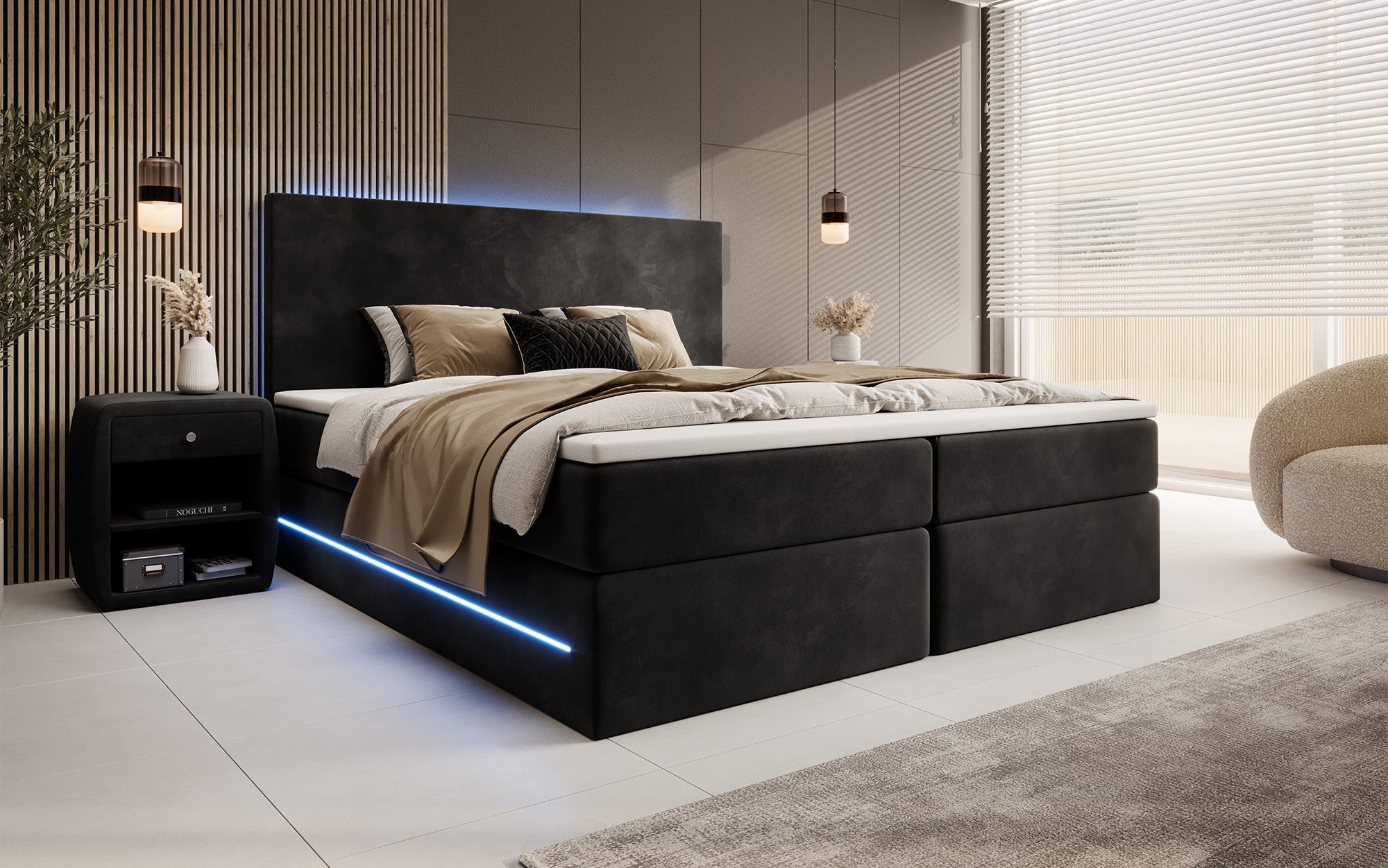 Boxspringbett Voyage mit LED u. Stauraum in Samt