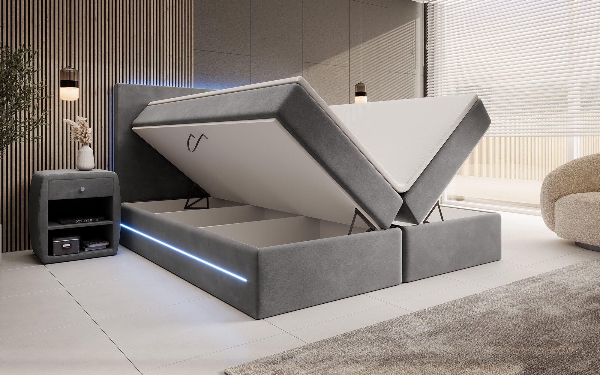 Boxspringbett Voyage mit LED u. Stauraum in Samt