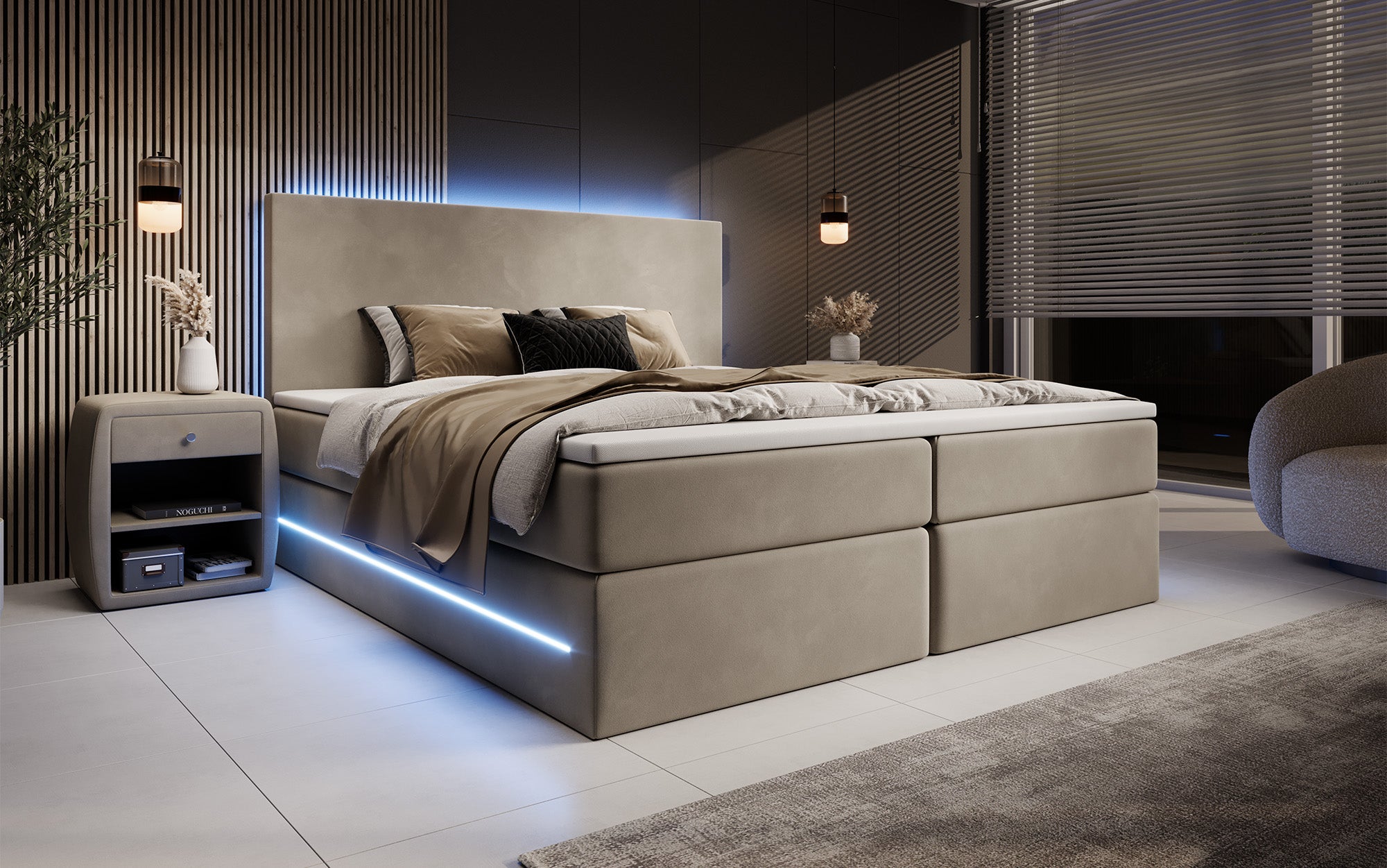 Boxspringbett Voyage mit LED u. Stauraum in Samt