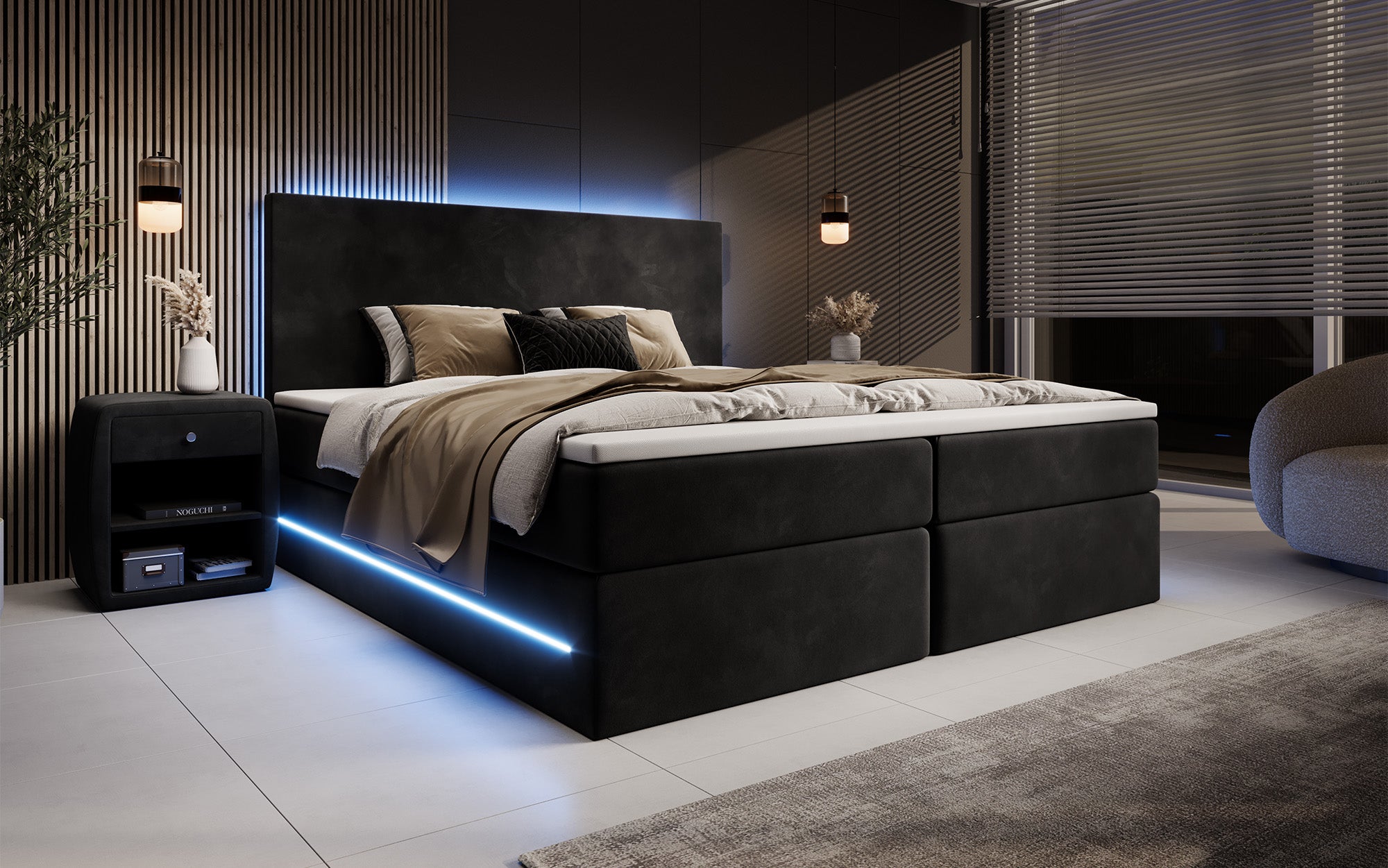 Boxspringbett Voyage mit LED u. Stauraum in Samt