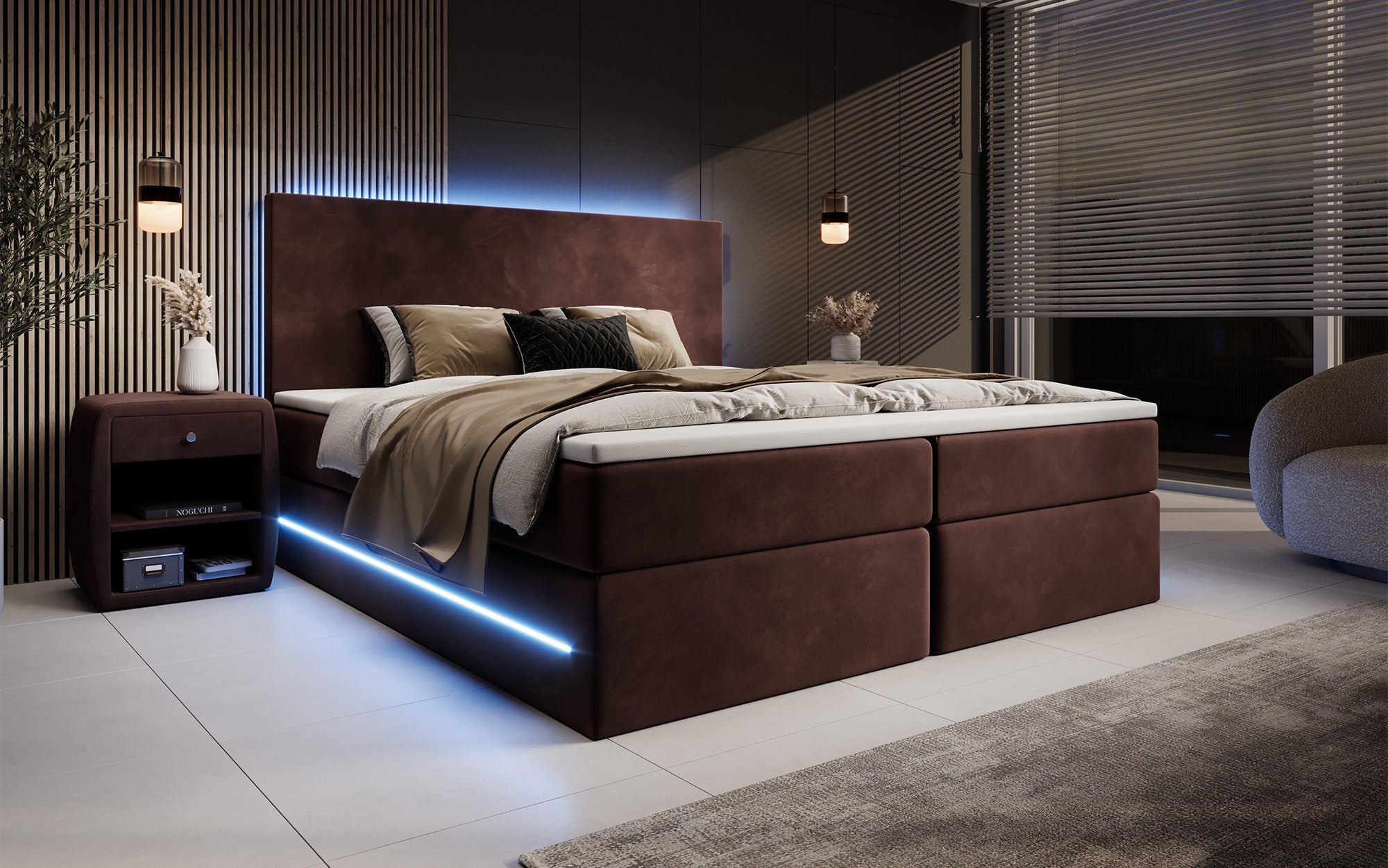Boxspringbett Voyage mit LED u. Stauraum in Samt