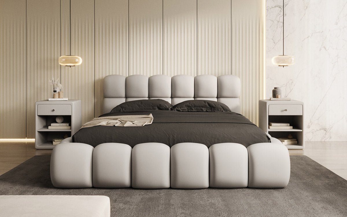 Lit capitonné designer Boston Tissu avec espace de rangement