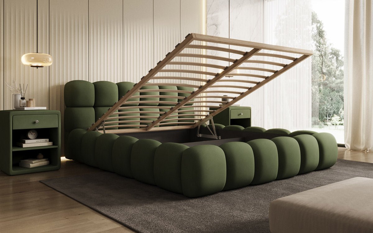 Lit capitonné designer Boston Tissu avec espace de rangement